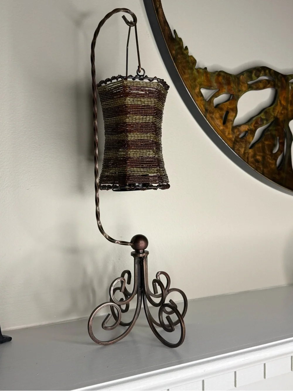 Mystical Beaded hanging tea light with Metal stand - Brown & gold 17” tall